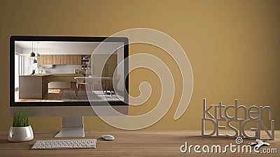 Architect designer project concept, wooden table with house keys, 3D letters making the words kitchen design, computer showing int Editorial Stock Photo