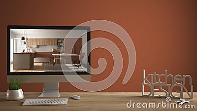 Architect designer project concept, wooden table with house keys, 3D letters making the words kitchen design, computer showing int Editorial Stock Photo