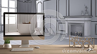 Architect designer project concept, wooden table with keys, 3D letters making the words bathroom design and desktop showing draft, Editorial Stock Photo