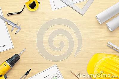 Architect, designer work desk with projects and tools for measuring Stock Photo