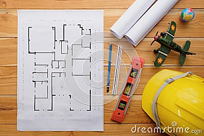 Architect desk project in construction site Stock Photo