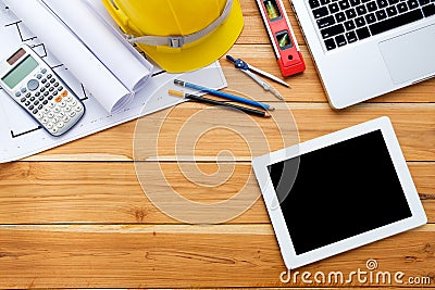 Architect desk project in construction site Stock Photo