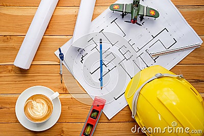 Architect desk project in construction site Stock Photo