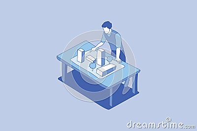 Architect develop construction plan with outline isometric style Vector Illustration