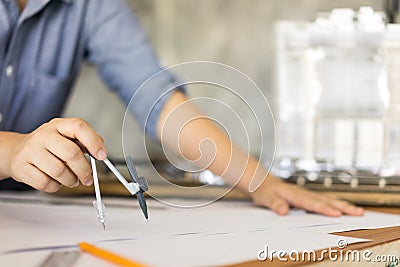 architect drawing on blueprint architectural concep Stock Photo