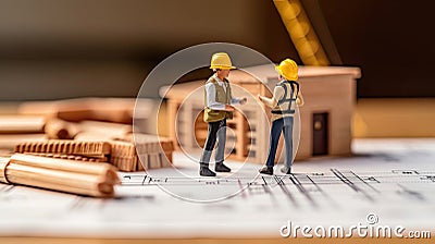 Architect or engineer meeting for project working with partner and engineering tools on model building and blueprint in working Stock Photo