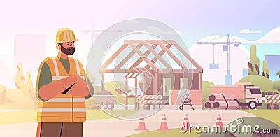 architect or engineer in uniform standing near unfinished building construction site background Vector Illustration