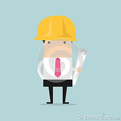 Architect or engineer in yellow safety helmet with building project blueprints roll Vector Illustration