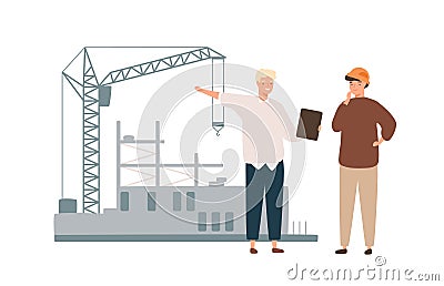 Architect and foreman on construction site isolated on white background. Male professional industrial workers discussion Vector Illustration