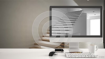 Architect house project concept, desktop computer on white work desk showing CAD sketch, minimalistic wooden stairs interior desig Editorial Stock Photo