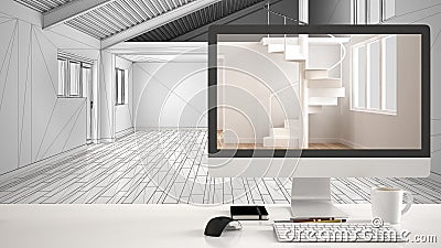 Architect house project concept, desktop computer on white work desk showing minimalistic unfurnished empty space, CAD sketch inte Editorial Stock Photo