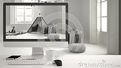 Architect house project concept, desktop computer on white work desk showing scandinavian child room, minimalistic blurred interio Editorial Stock Photo