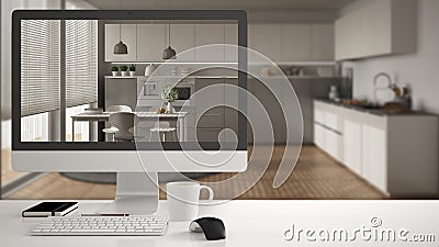 Architect house project concept, desktop computer on white work desk showing white wooden kitchen, minimalistic blurred interior d Editorial Stock Photo