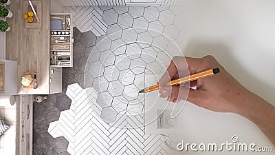 Architect interior designer concept: hand drawing a design interior project while the space becomes real, white scandinavian kitch Stock Photo