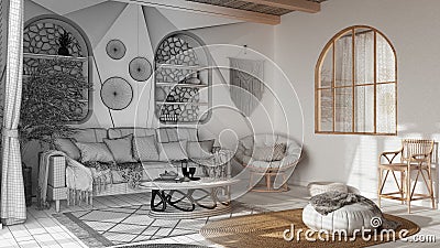 Architect interior designer concept: hand-drawn draft unfinished project that becomes real, bohemian living room, wallpaper, Stock Photo