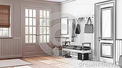 Architect interior designer concept: hand-drawn draft unfinished project that becomes real, scandinavian hallway. Wooden bench and Stock Photo