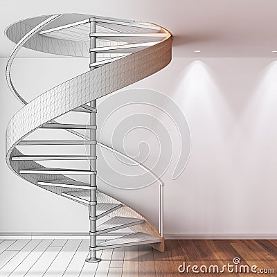 Architect interior designer concept: hand-drawn draft unfinished project that becomes real, spiral staircase in minimal apartment Stock Photo