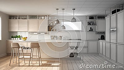 Architect interior designer concept: unfinished project that becomes real, kitchen with wooden details and parquet floor, Stock Photo