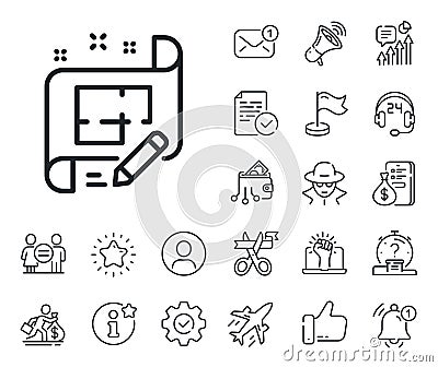 Architect line icon. Engineering plan sign. Salaryman, gender equality and alert bell. Vector Vector Illustration