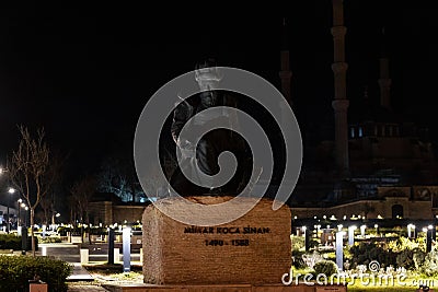 Architect Mimar Koca Sinan statue and Selimiye Mosque at night Stock Photo