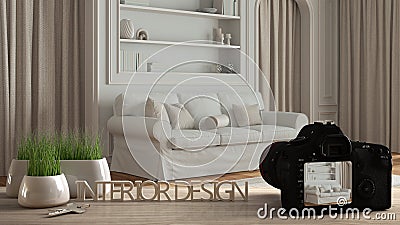 Architect photographer designer desktop concept, camera on wooden work desk with screen showing interior design project, Stock Photo