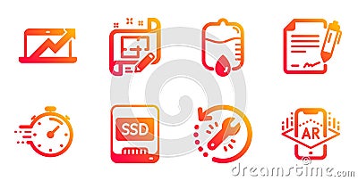 Architect plan, Sales diagram and Timer icons set. Ssd, Signing document and Drop counter signs. Vector Vector Illustration