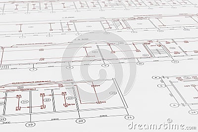 Architect plans, technical project drawing with fire alarm detectors Stock Photo