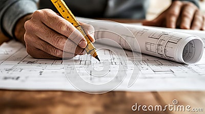 Architect reviews blueprints, using a ruler to measure for a new construction project. Stock Photo