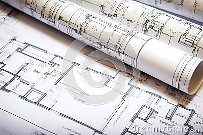 Architect rolls and architectural plans. Generative ai background Stock Photo