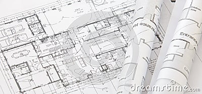 Close - up Architect rolls and architectural plan ,technical project drawing Stock Photo