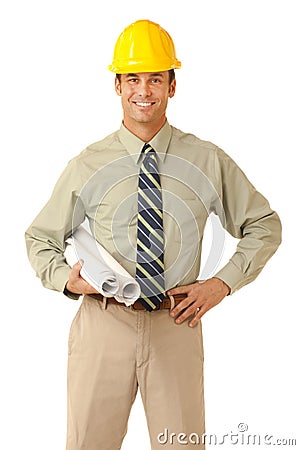 Architect in shirt and tie wearing a hard hat Stock Photo