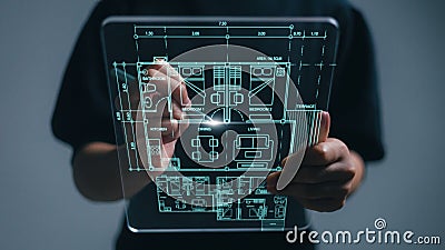 Architect showing new house project on the futuristic virtual interface screen Stock Photo