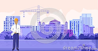 Architect sitting in front of buildings and crane Vector Illustration