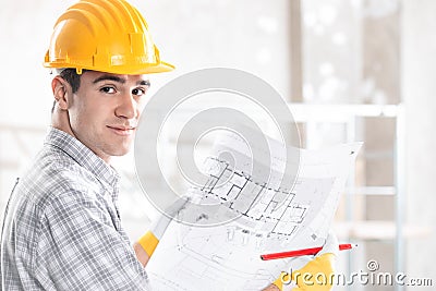 Architect or structural engineer with blueprint Stock Photo