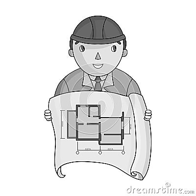 Architect with technical drawing icon in monochrome style isolated on white background. Architect symbol Vector Illustration