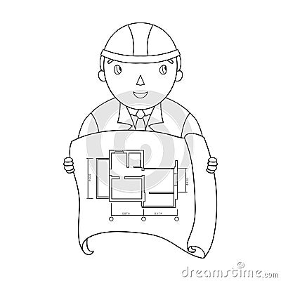 Architect with technical drawing icon in outline style isolated on white background. Architect symbol Vector Illustration