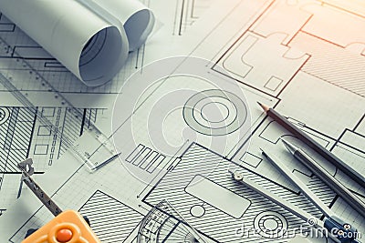 Architect tools with blue prints Stock Photo