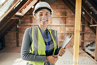 Architect woman, clipboard and happy on construction site in industry, planning and inspection. Engineer, architecture Stock Photo