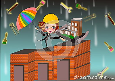 Architect woman under working tools rain Cartoon Illustration