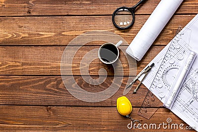 Architect wooden working desktop with drawings apartments top view Stock Photo