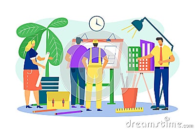 Architect work with engineer, engineering project design vector illustration. Drawing construction architecture in Vector Illustration