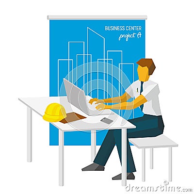 Architect work with laptop. Big blueprint at the back. Vector Illustration