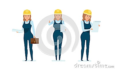 Architect worker with documents, studying project, technical documentation, drawings, estimates. Vector Illustration