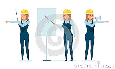 Architect worker teaches staff, explains material, manages personnel, construction process. Vector Illustration