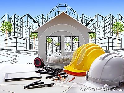 Architect working table with construction industry and engineer Stock Photo