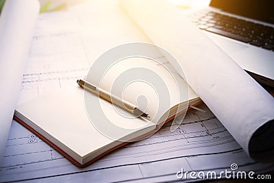 Architect workplace background : blueprints for architectural Stock Photo