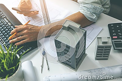 Architect workplace - working on new house project in office Stock Photo