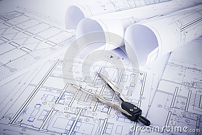 Architect workplace top view. Architectural project, blueprints, blueprint rolls on table. Construction background. Engineering to Stock Photo