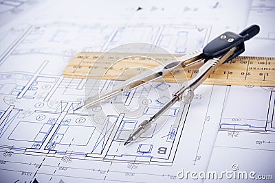 Architect workplace top view. Architectural project, blueprints, blueprint rolls on table. Construction background. Engineering to Stock Photo
