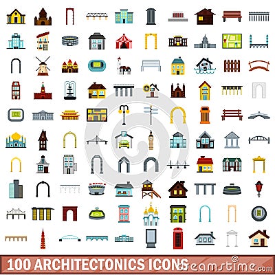 100 architectonics icons set, flat style Vector Illustration